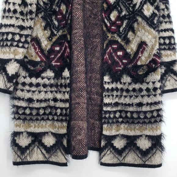 BCBGMaxazria Tribal Aztec Open Front Long Cardigan Sweater M Fuzzy Tan Black - Picture 5 of 6